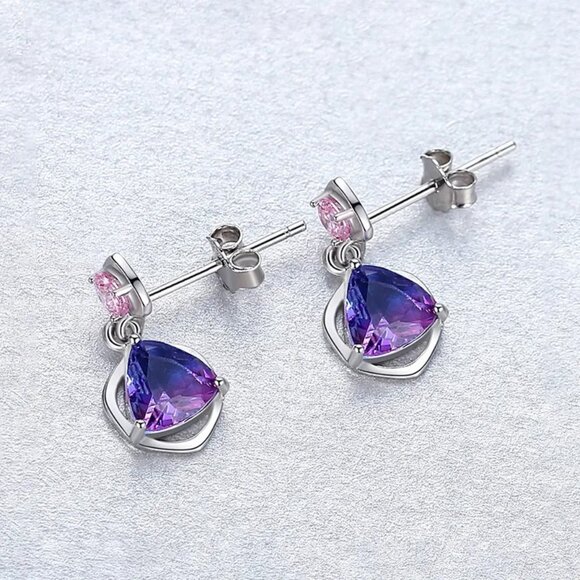 NEW!  1 Pair 925 Sterling Silver Geometric Zircon White Gold Plated Drop Earring - Picture 2 of 4